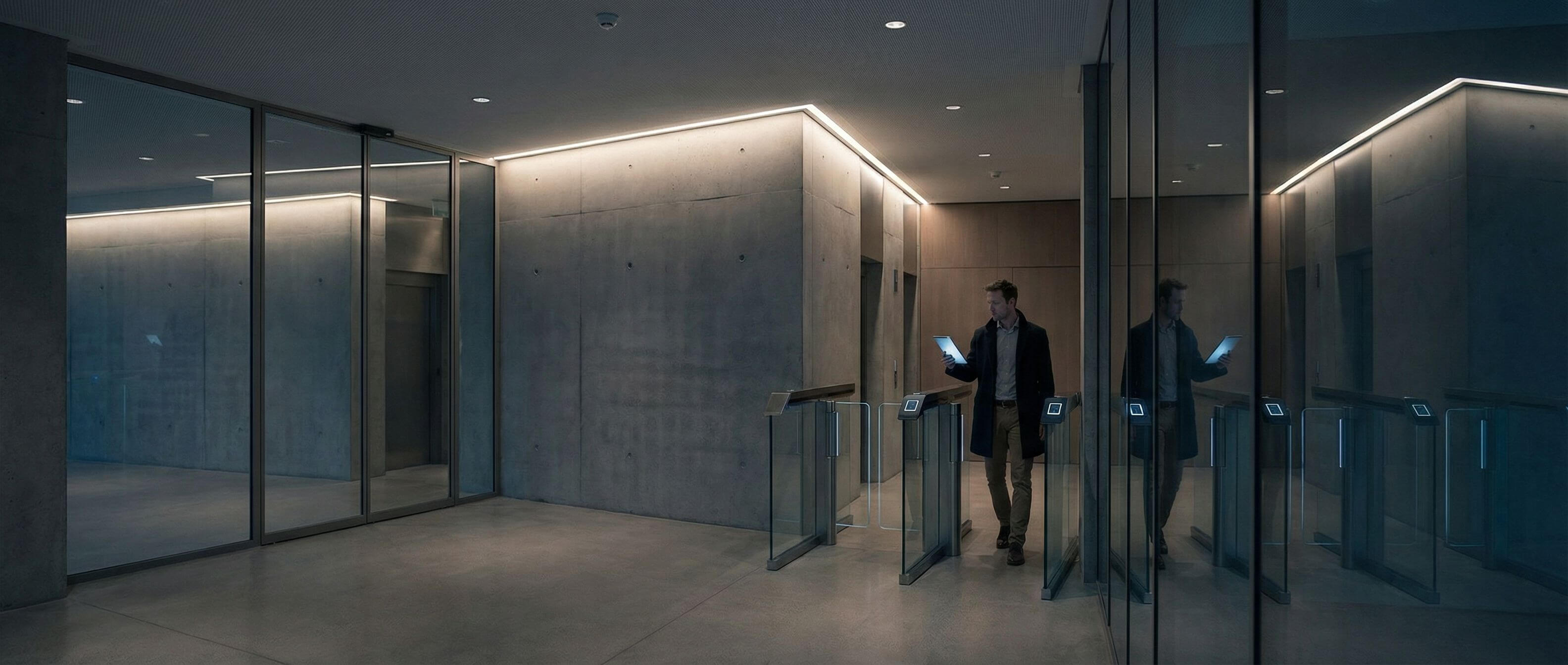 Corporate lobby with badge access turnstiles
