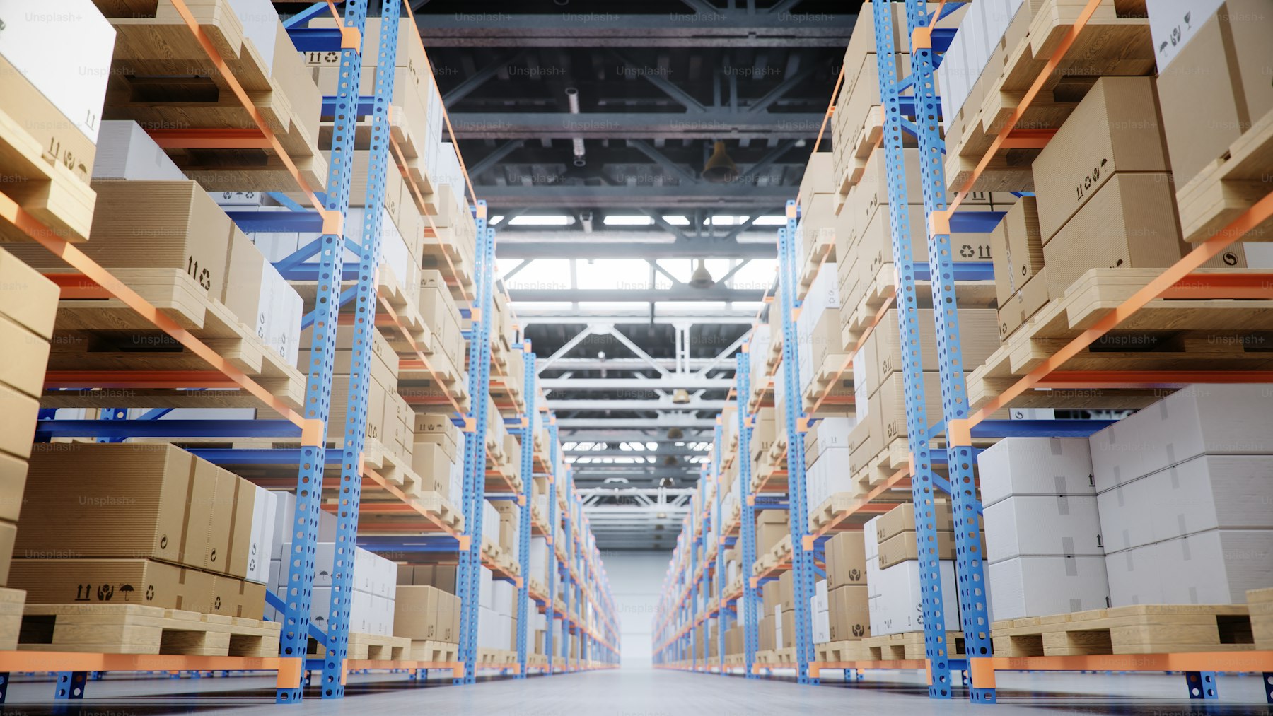 Ecommerce warehouse fulfillment area with stacked inventory
