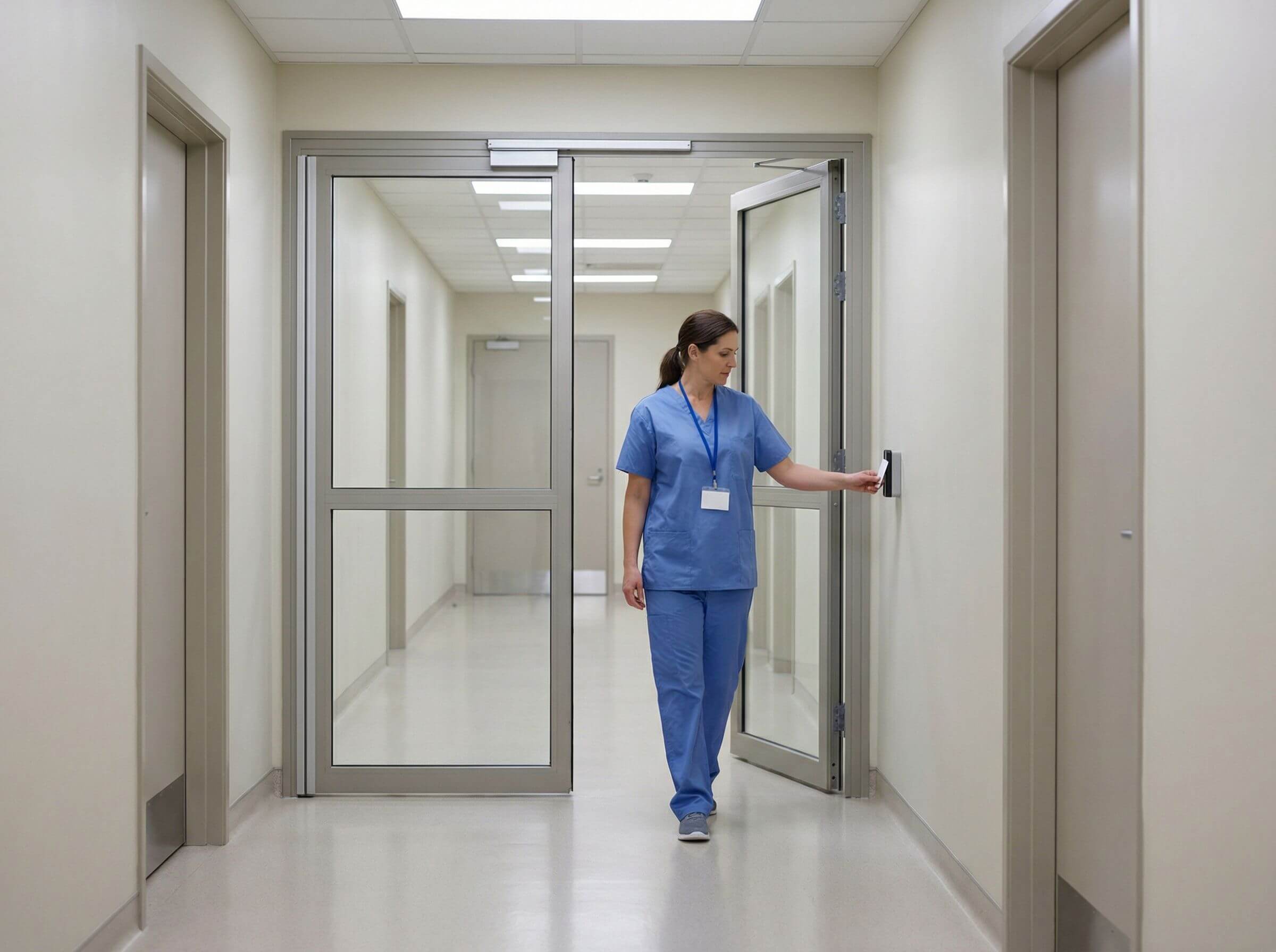 Hospital corridor with secure access entrance