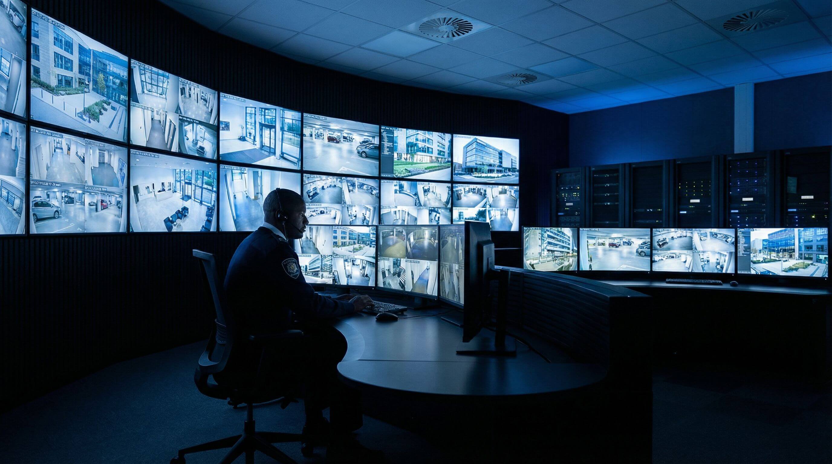 Security professional reviewing facility monitoring dashboard